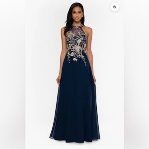 NAVY and NAVY “CELESTE" LONG EMBROIDERED HALTER CHIFFON GOWN by BETSY ADAM sze 4